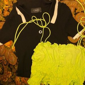 Cider Cute Top Bundle! Black & White Collared Crop Top, Neon Green Ruffle Top